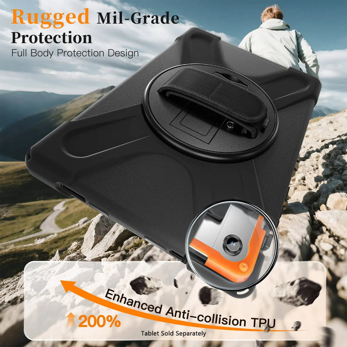 Black rugged, heavy-duty tablet case with a rotating hand strap on the back against a mountain background.