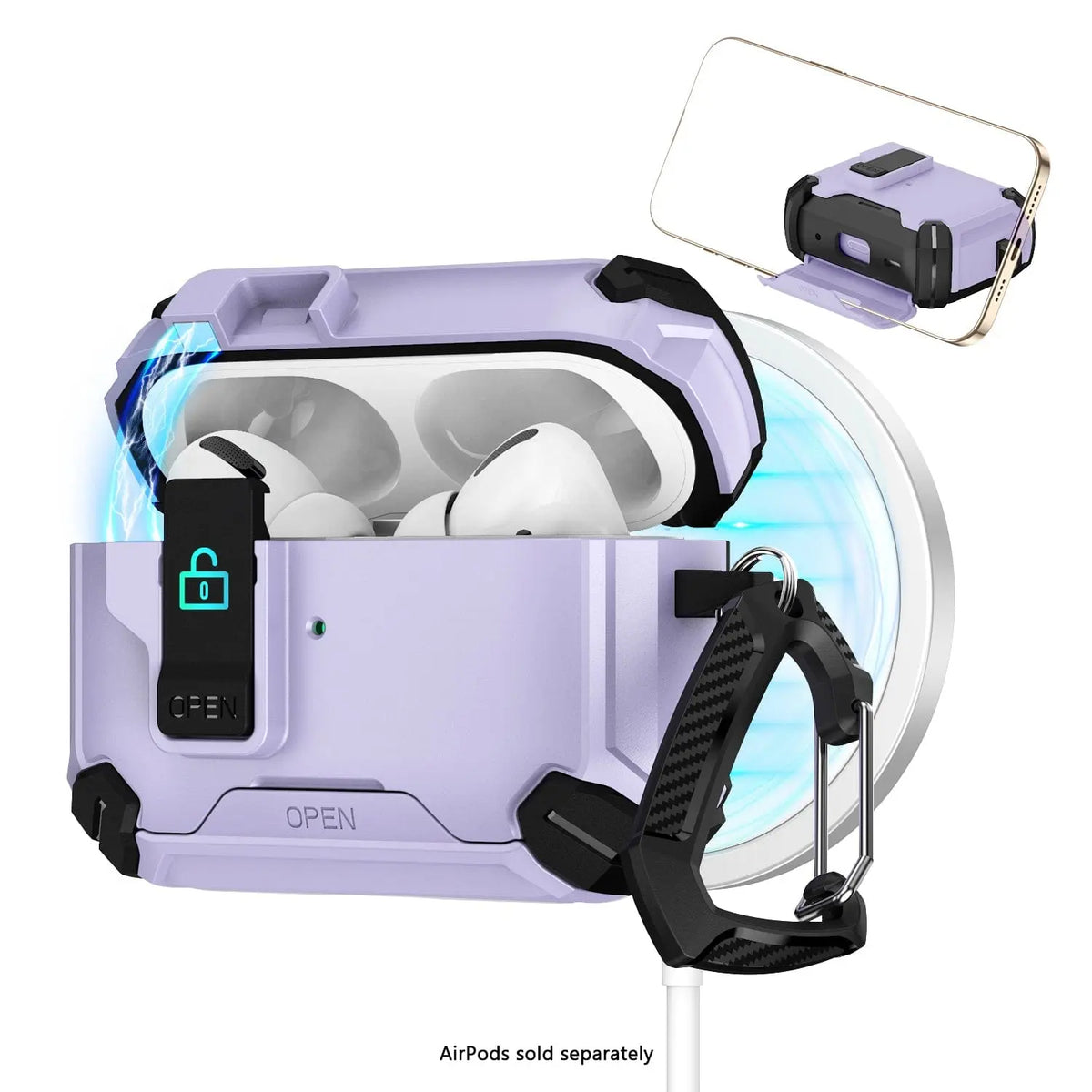 Light purple heavy-duty AirPods Pro case with secure latch, black accents, and a carbon-fiber style carabiner clip.