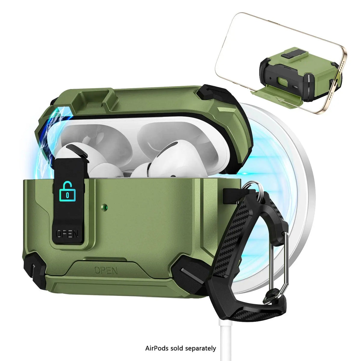 Rugged green AirPods Pro case with MagSafe, secure locking latch, and black carbon fiber texture carabiner.