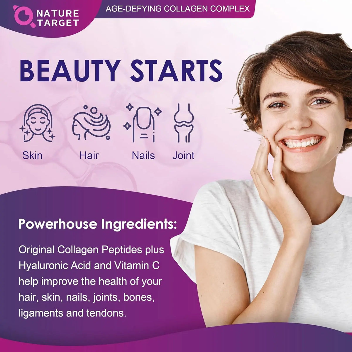 A smiling woman next to purple-themed graphics highlighting skin, hair, nail, and joint health benefits.