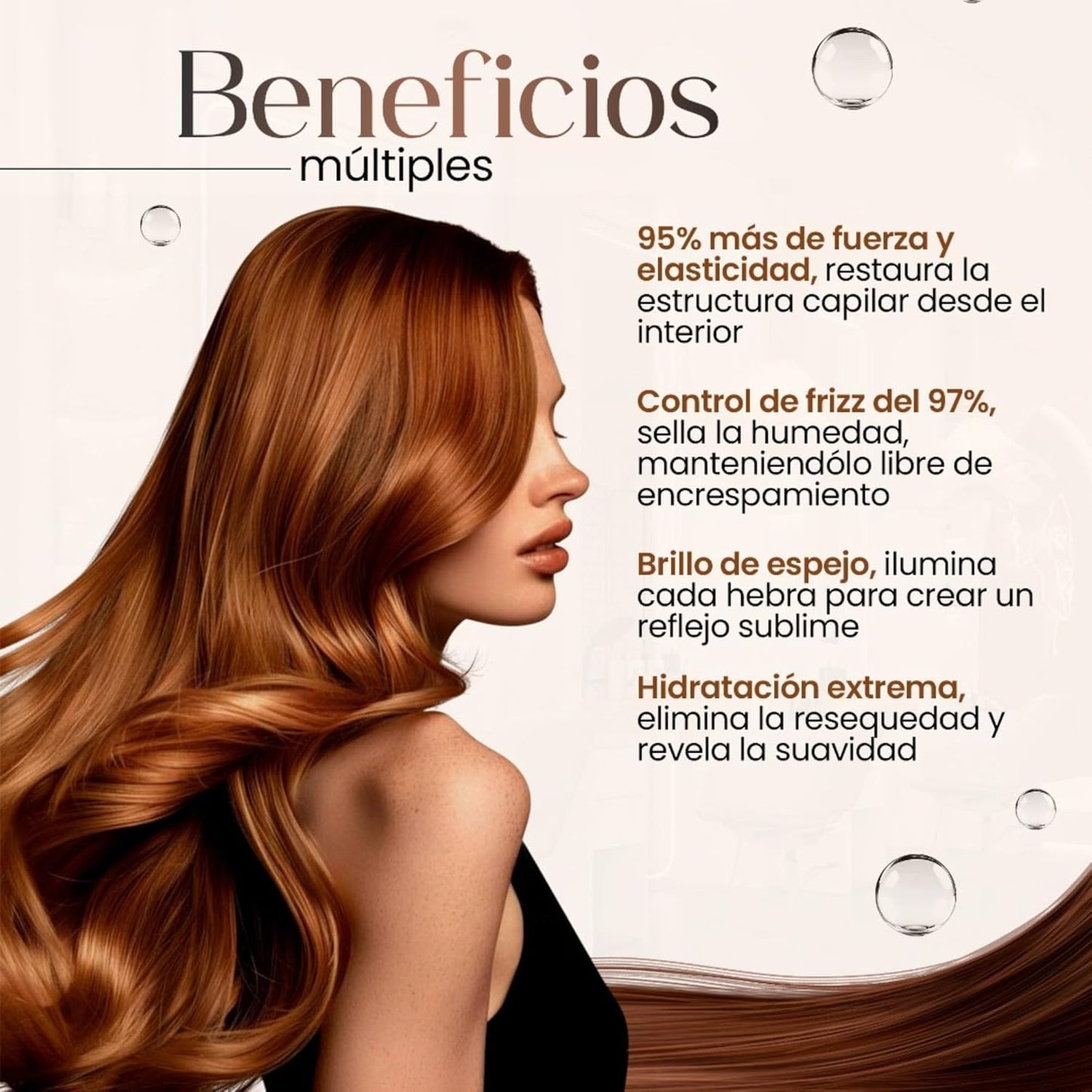 Mujer de perfil con cabello largo, sedoso y brillante, junto a texto sobre beneficios de mascarilla capilar.