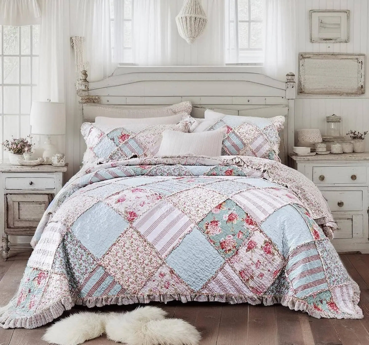 Pastel cotton patchwork bedspread with floral and stripe patterns, featuring ruffled edges on a rustic white bed frame.