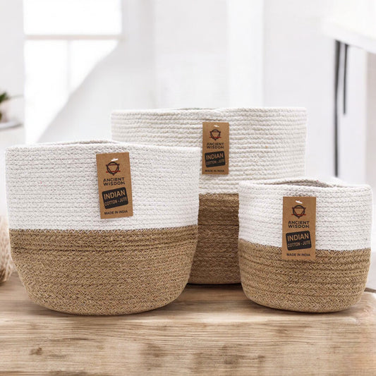 Set de 3 Cestas de Algodón y Yute - Blanco