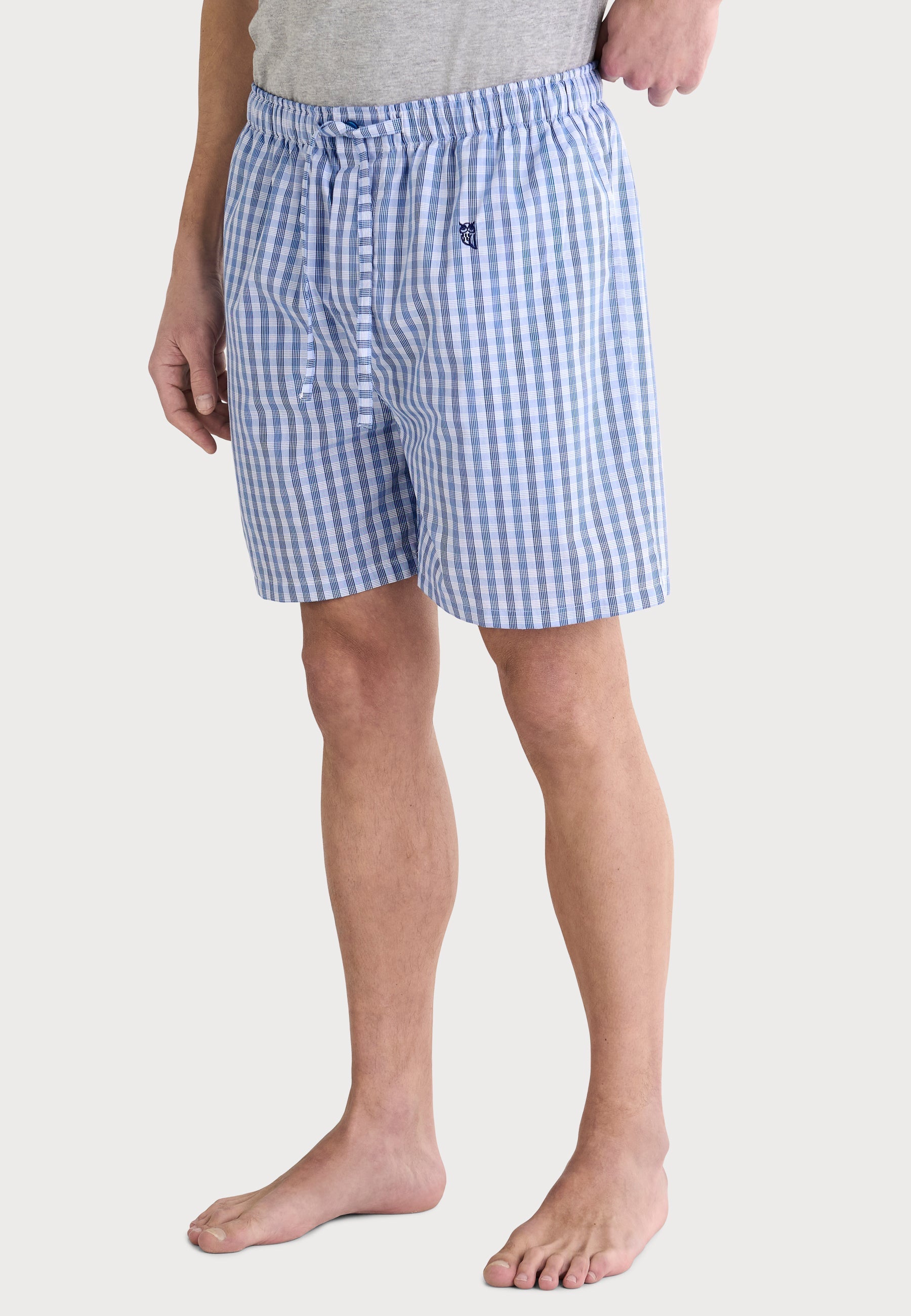 Pantalones cortos de cuadro vichy azul claro, algodón, estilo informal, con cintura elástica y cordón ajustable.