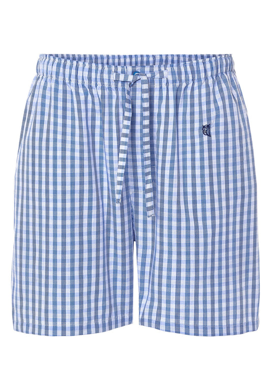 Bañador de cuadros azules y blancos, confeccionado en algodón, estilo casual con cintura elástica.