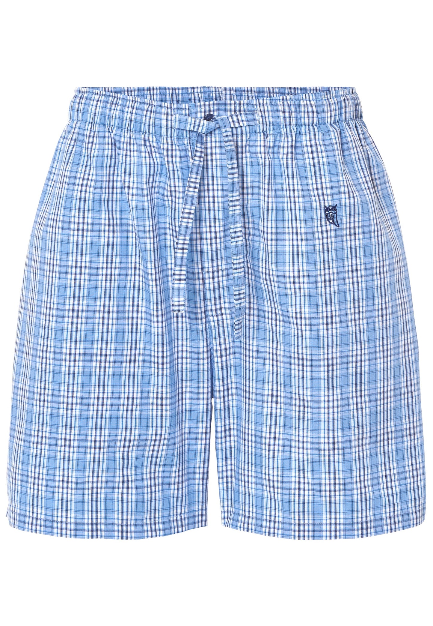 Pantalones cortos de cuadros azul claro, tejido ligero, con cintura elástica y cordón ajustable. Estilo casual.