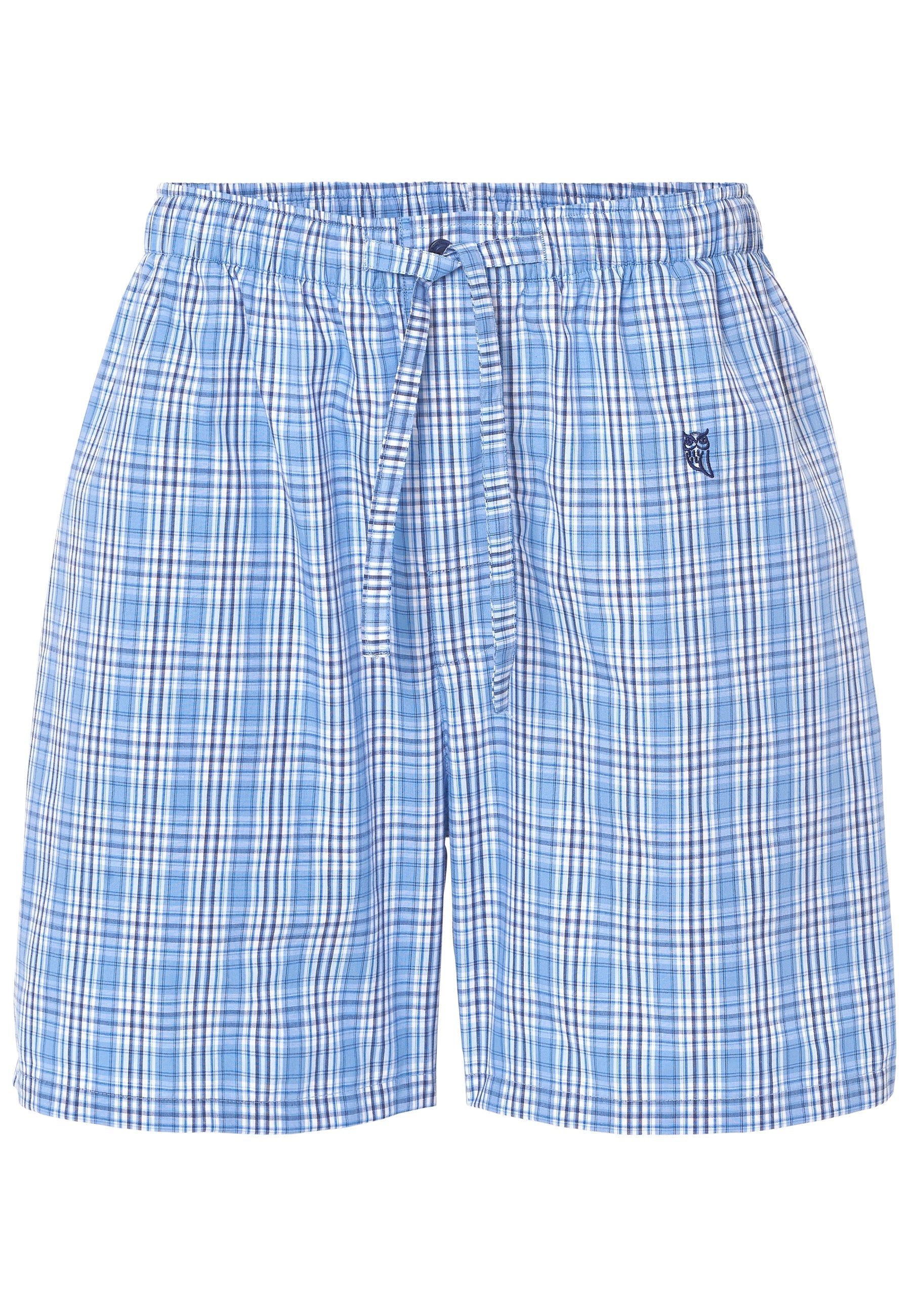 Pantalones cortos de cuadros azul claro, tejido ligero, con cintura elástica y cordón ajustable. Estilo casual.