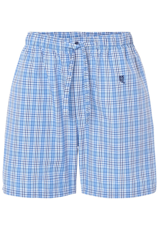 Pantalones cortos de cuadros azul claro, tejido ligero, con cintura elástica y cordón ajustable. Estilo casual.