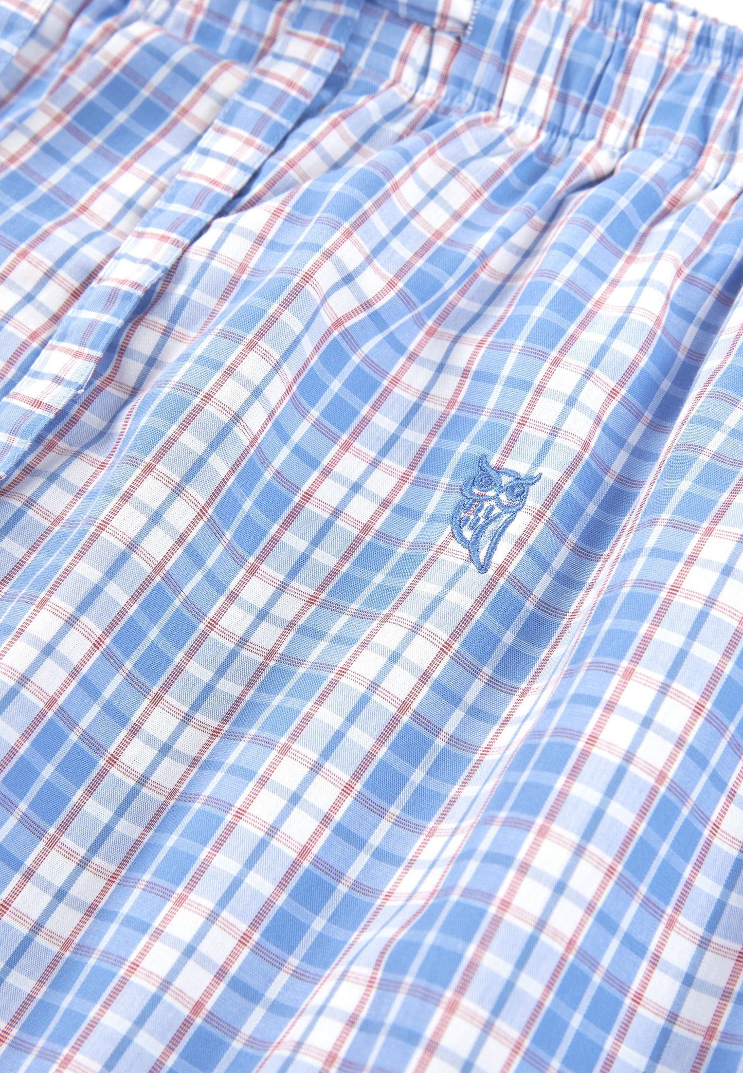 Pantalones cortos de algodón a cuadros en azul y blanco, con bordado de logo, estilo casual.
