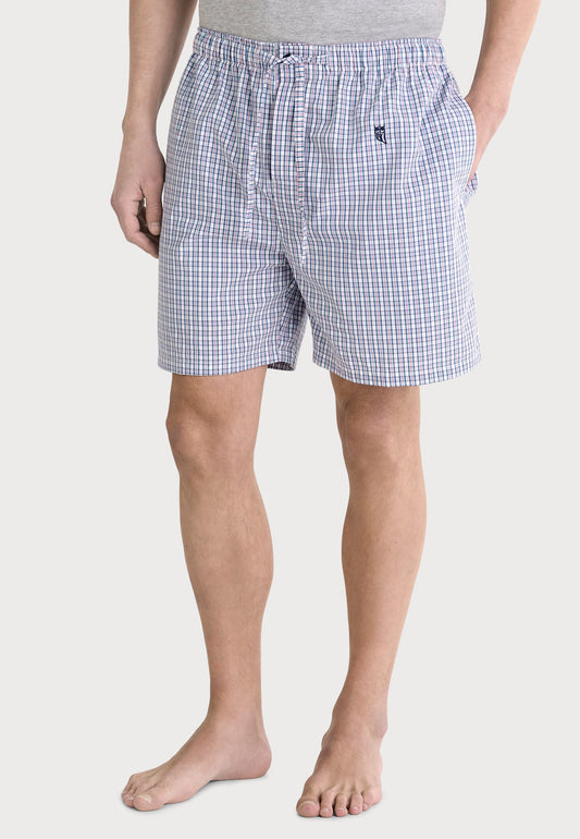 Pantalones cortos de hombre a cuadros azul y blanco, material suave, estilo casual y cómodo.