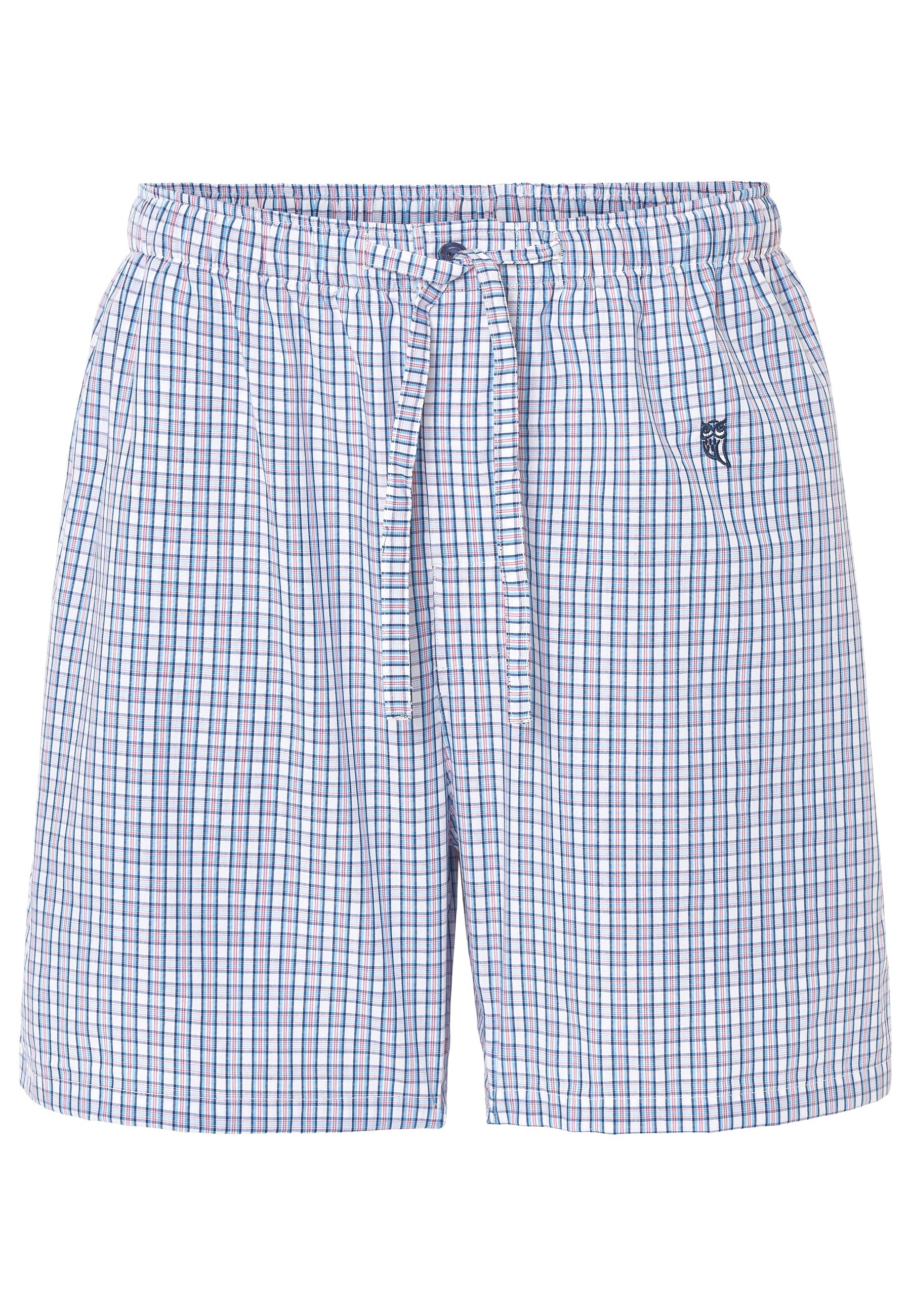 Pantalones cortos a cuadros en azul y blanco, de algodón, estilo casual con cintura elástica y cordón.