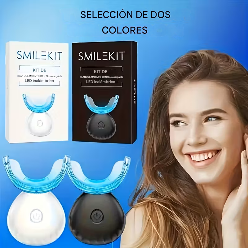 Kit de blanqueamiento dental LED recargable en blanco y negro, con férulas de luz azul y mujer sonriendo de fondo.
