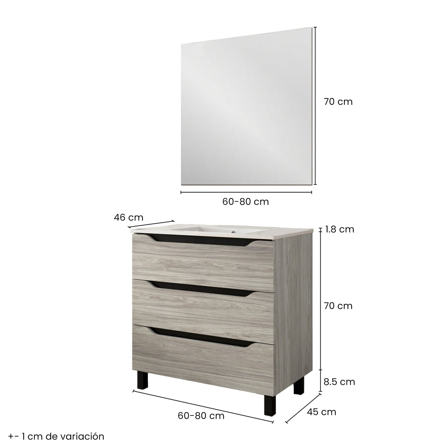 BATHME TRIO Conjunto Completo Mueble de Baño 3 Cajones Color Roble Estela