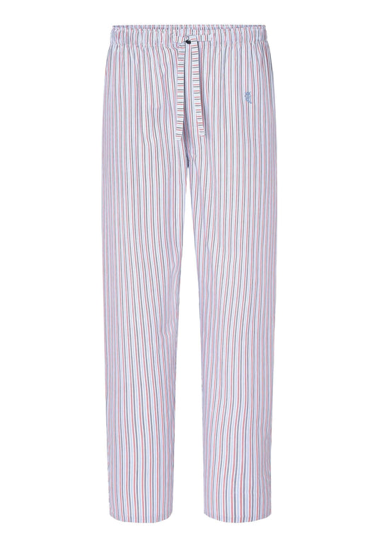 Pantalón pijama hombre largo con rayas verticales blancas, celestes y rosas en algodón popelín, cintura elástica ajustable