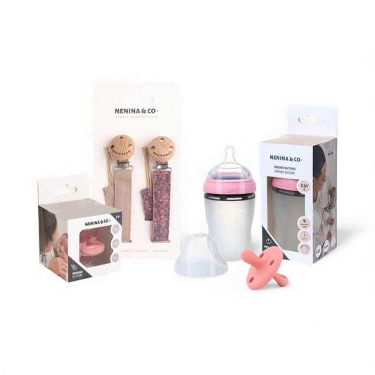 Pack Biberon flujo lento + Chupete Clásico + 2 Chupeteros de algodon orgánico Nenina & Co