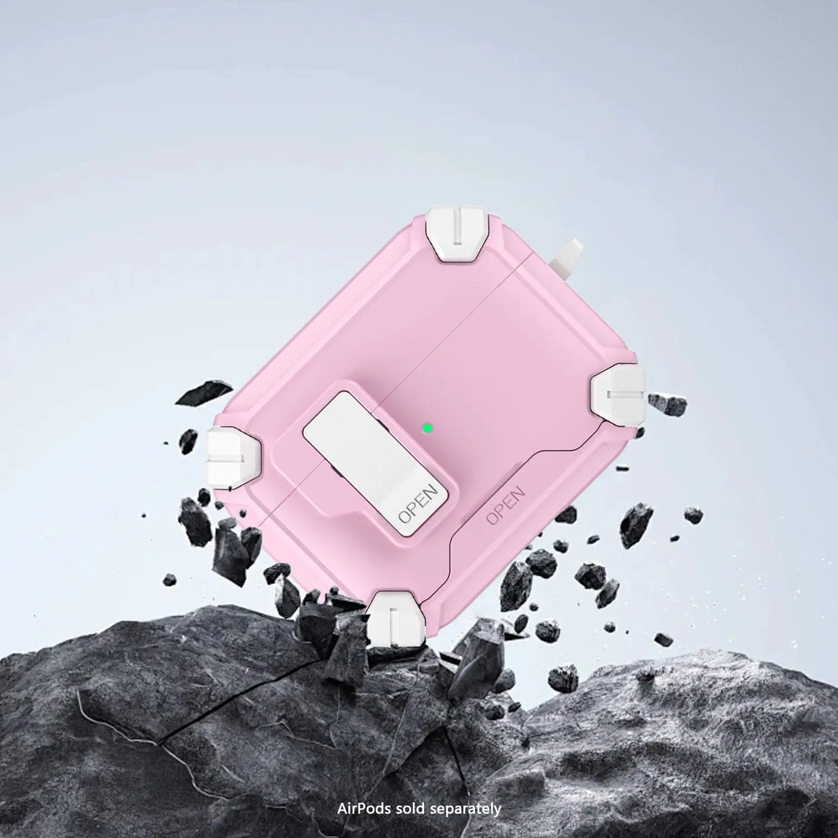 Light pink, heavy-duty AirPods Pro case with white corner bumpers, secure latch lock, and rugged shockproof design.