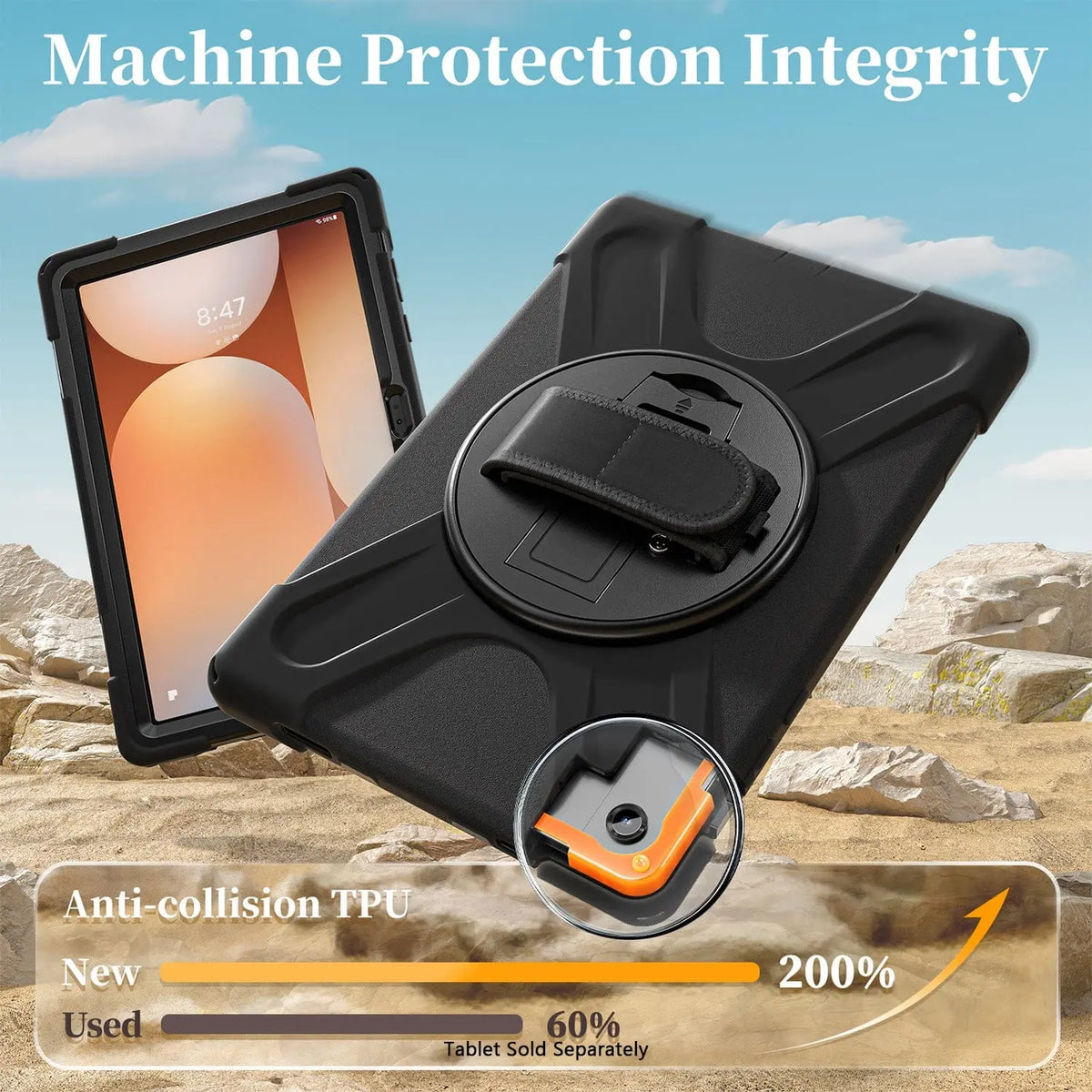 Black heavy-duty protective case for Samsung Galaxy Tab featuring a hand strap, rotating mount, and rugged TPU design.
