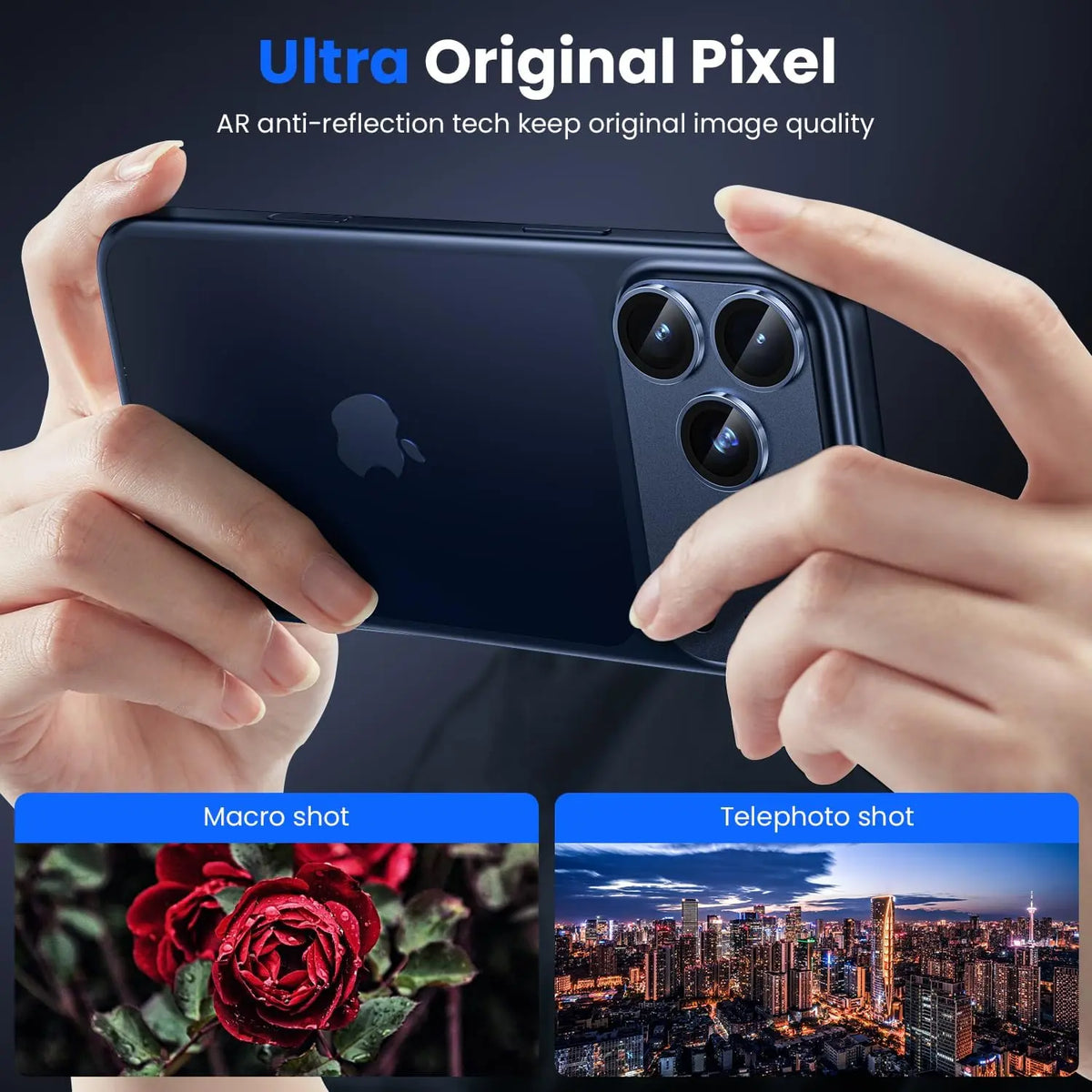 Hands holding a blue iPhone with anti-reflection titanium camera lens protectors, showing clear macro and city shots.