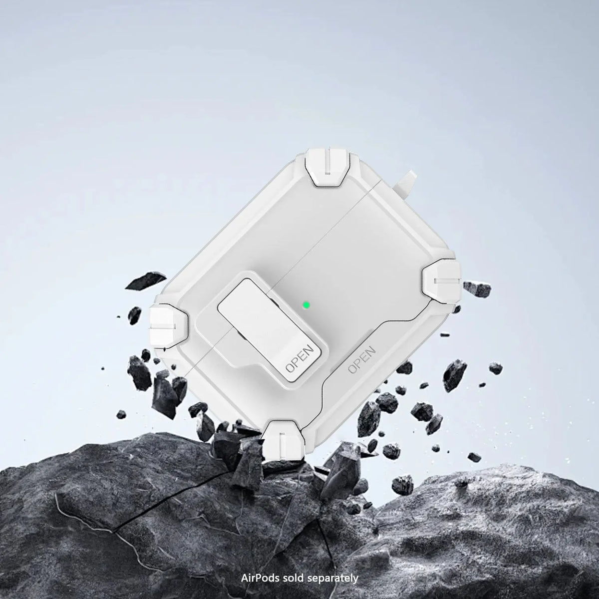 White heavy-duty protective AirPods Pro 3 case with a secure latch lock, floating above jagged, textured rocks.