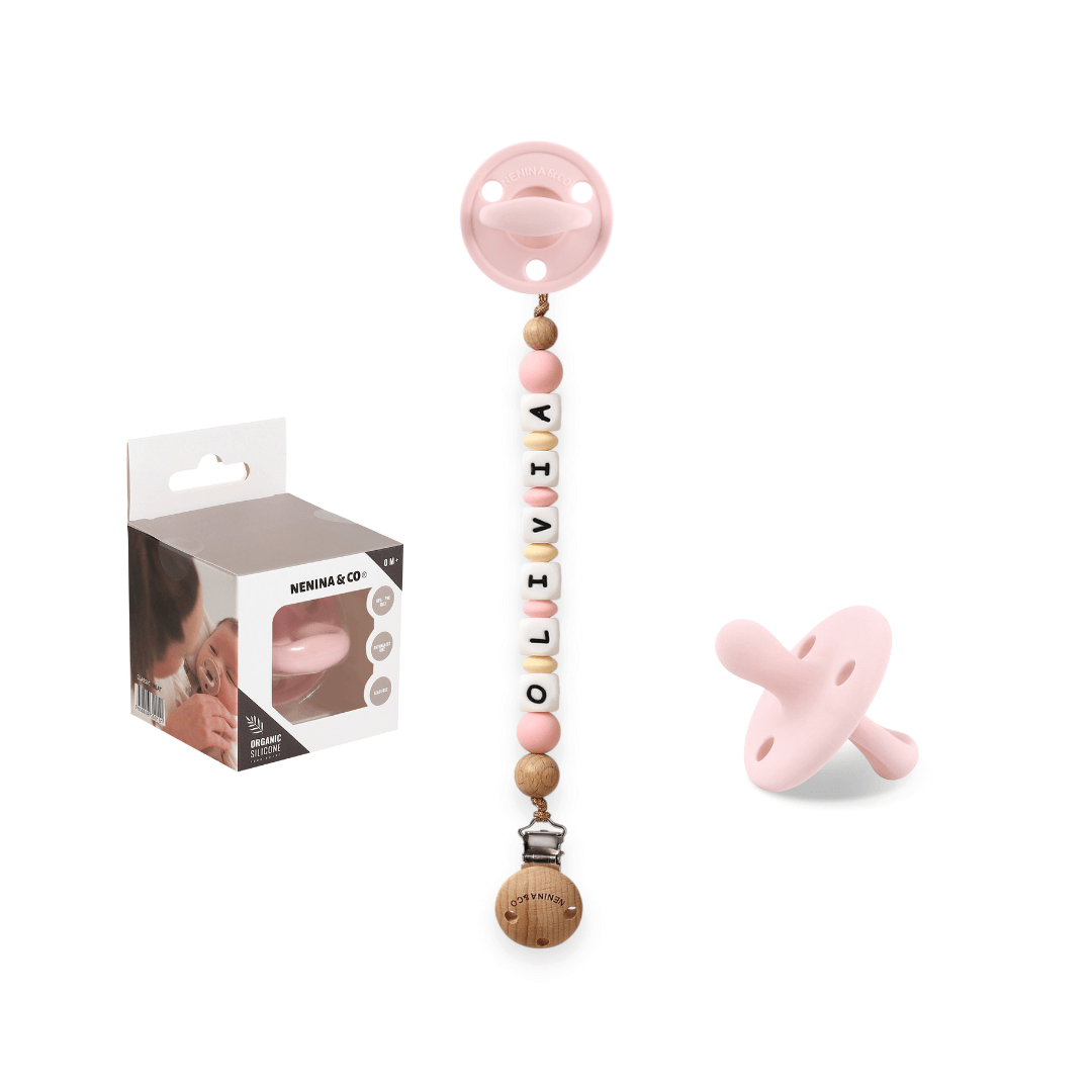 Kit Chupete Clásico Rosa pálido de Silicona + Chupetero con Nombre | Nenina & Co.