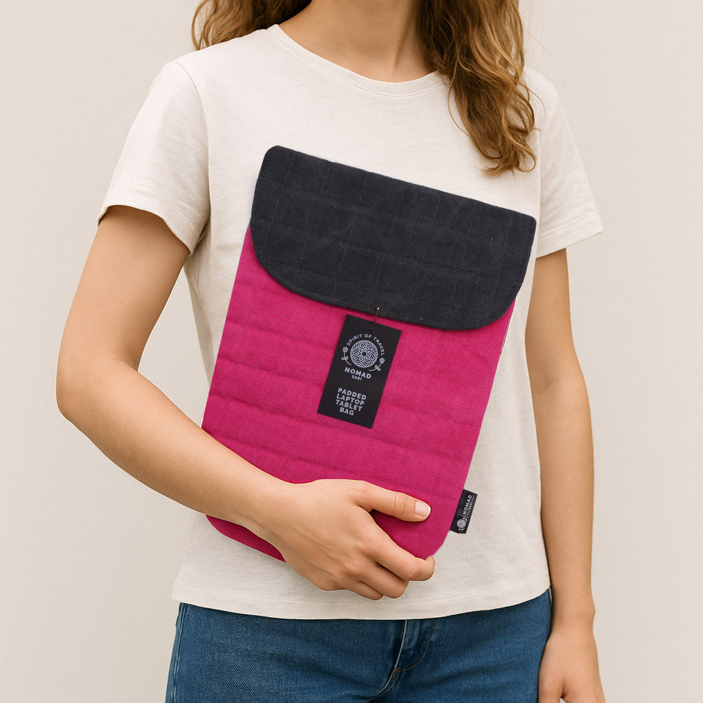 Funda acolchada para portátil hasta 13 pulgadas - rosa fucsia algodón lavado piedra