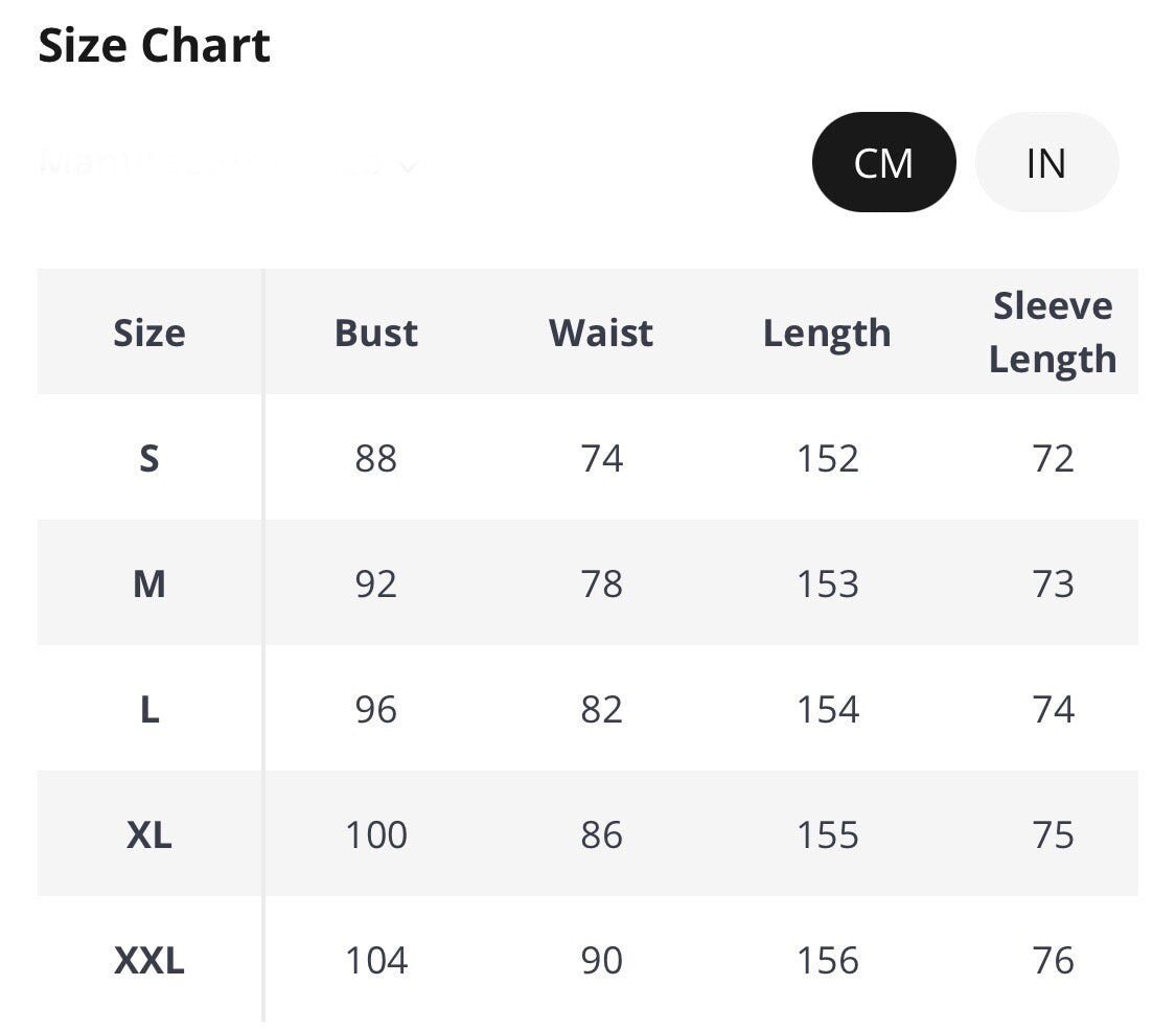 Size chart for women's clothing in cm, featuring bust, waist, length, and sleeve length measurements.