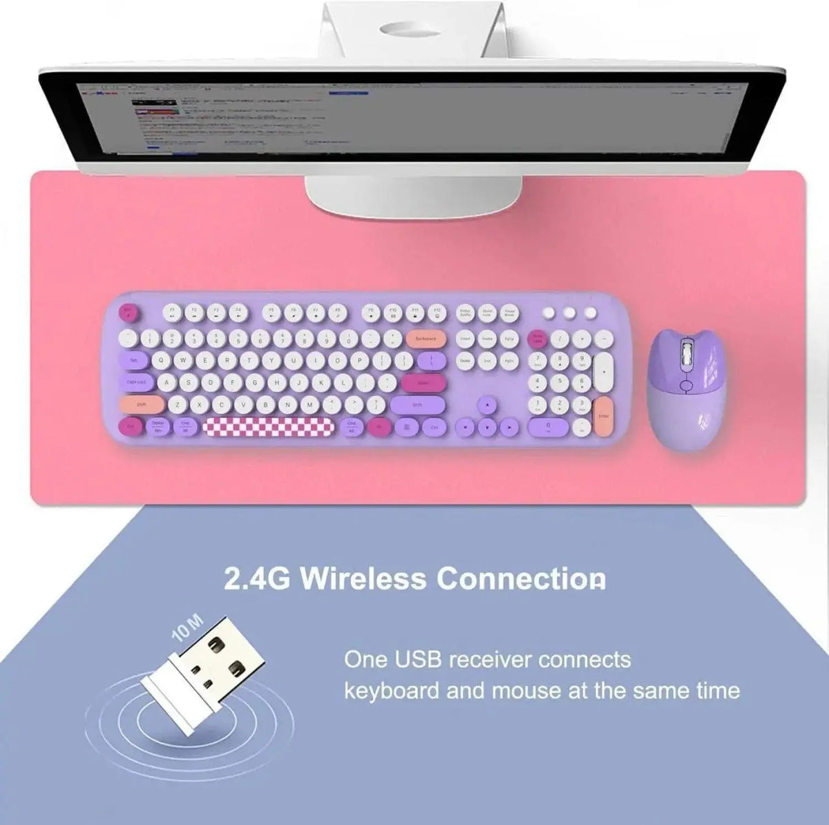 Purple wireless keyboard and mouse combo with round keys and a pink desk mat on a white background.