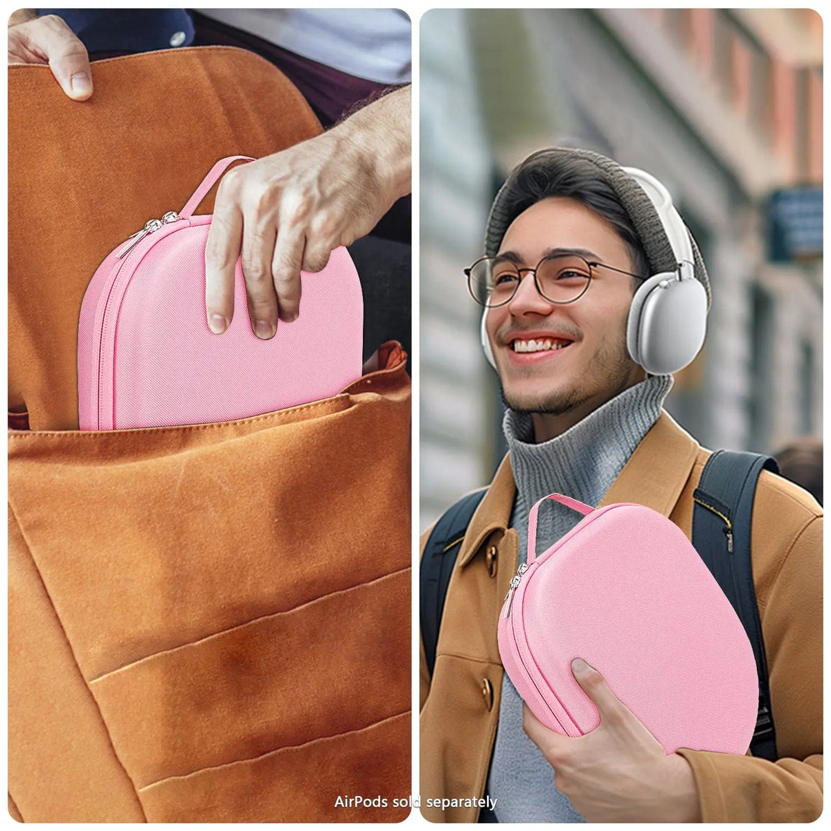 Pink hard-shell travel case for over-ear headphones, featuring a top handle and zippered closure.