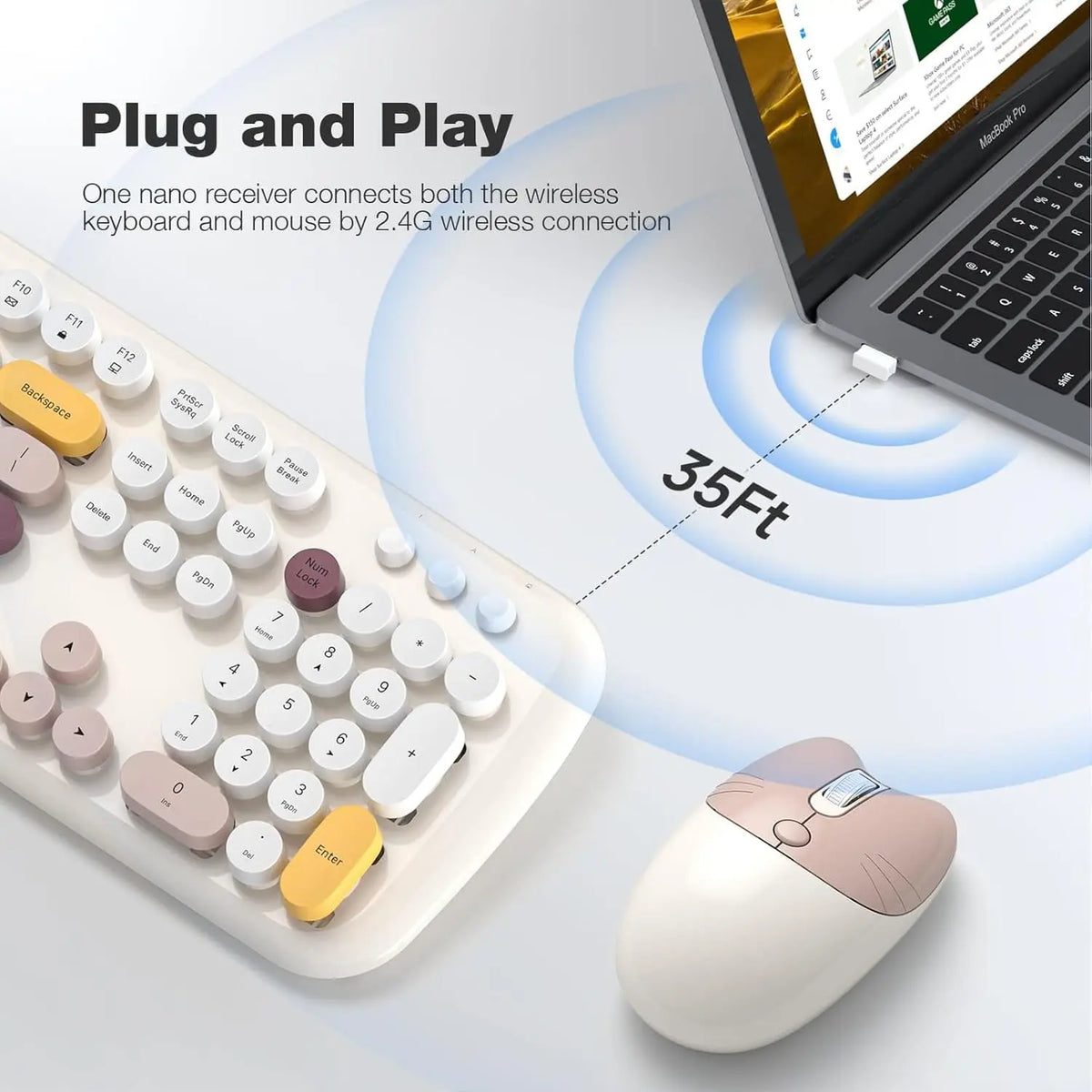Wireless keyboard with multi-colored round keys and a matching ergonomic mouse connecting to a laptop via USB receiver.
