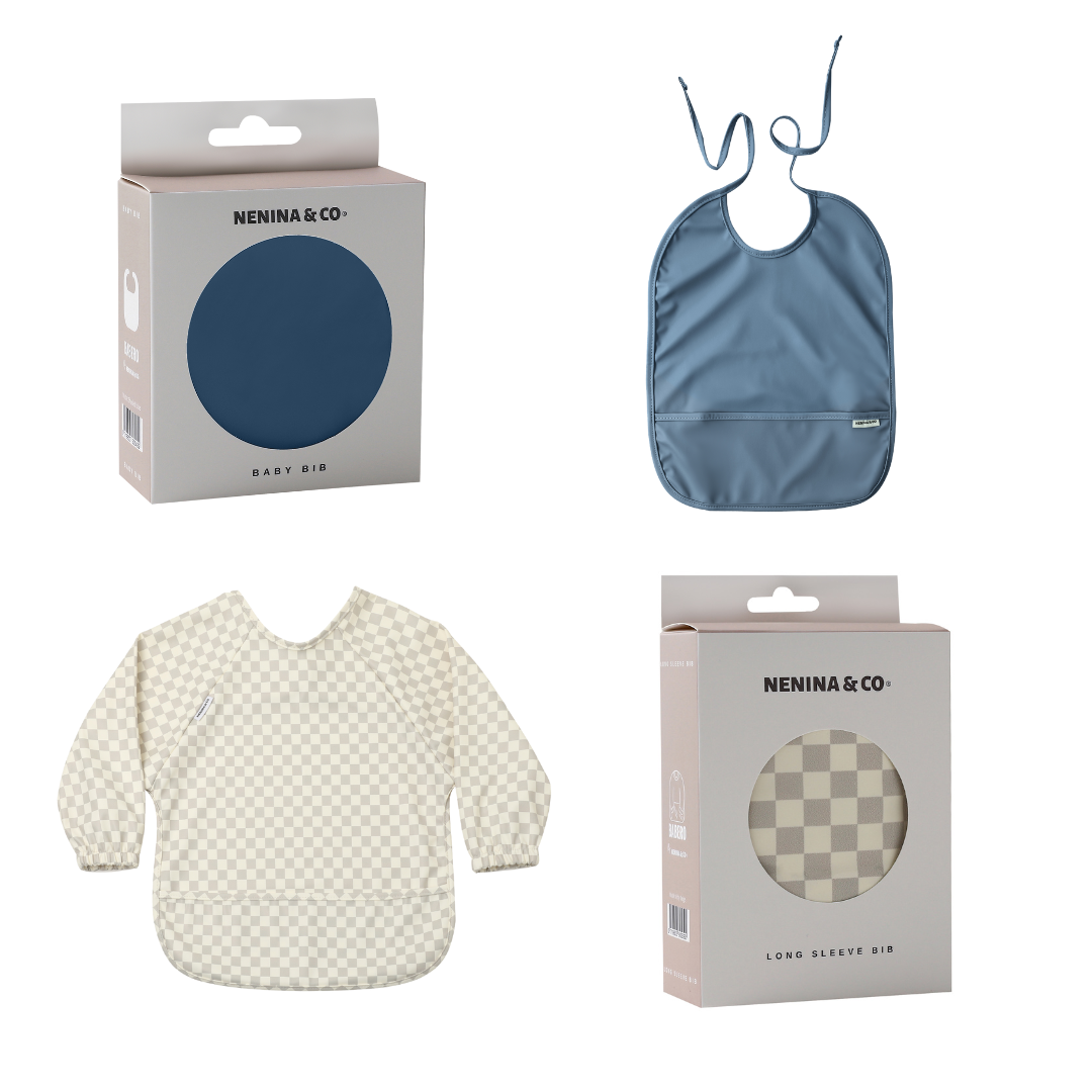 Babero con Manga impermeable Vichy Beige + Babero corto Nenina & Co