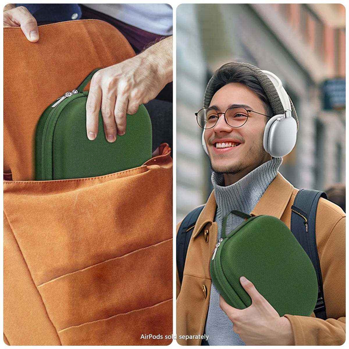 Green, hard-shell travel carry case for AirPods Max featuring a zipper closure and top handle, shown in a backpack.