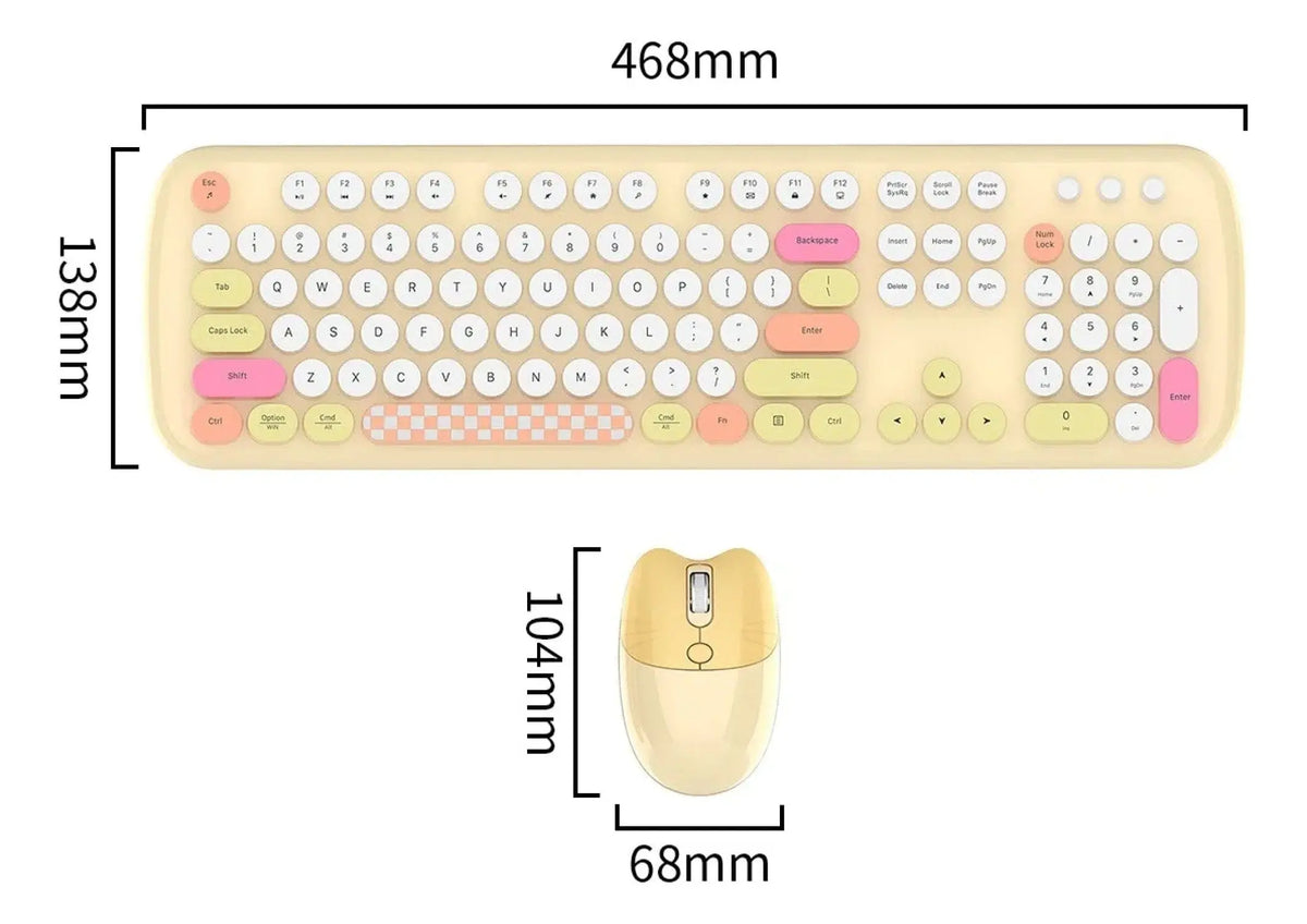 Pastel-colored 104-key wireless keyboard with round keys, checkered spacebar, and matching cat-shaped wireless mouse.
