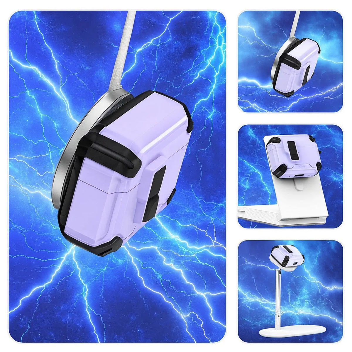 Heavy-duty lavender and black AirPods Pro case with secure lock, MagSafe compatible, shown against lightning background.