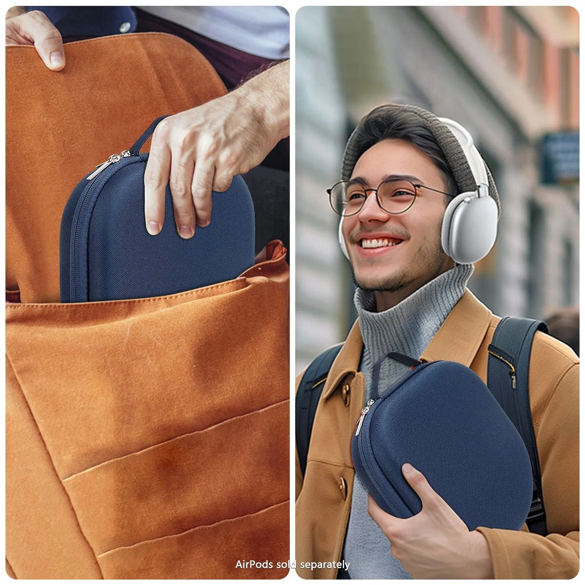 Navy blue hard-shell travel carry case for AirPods Max featuring a zipper closure and top handle.