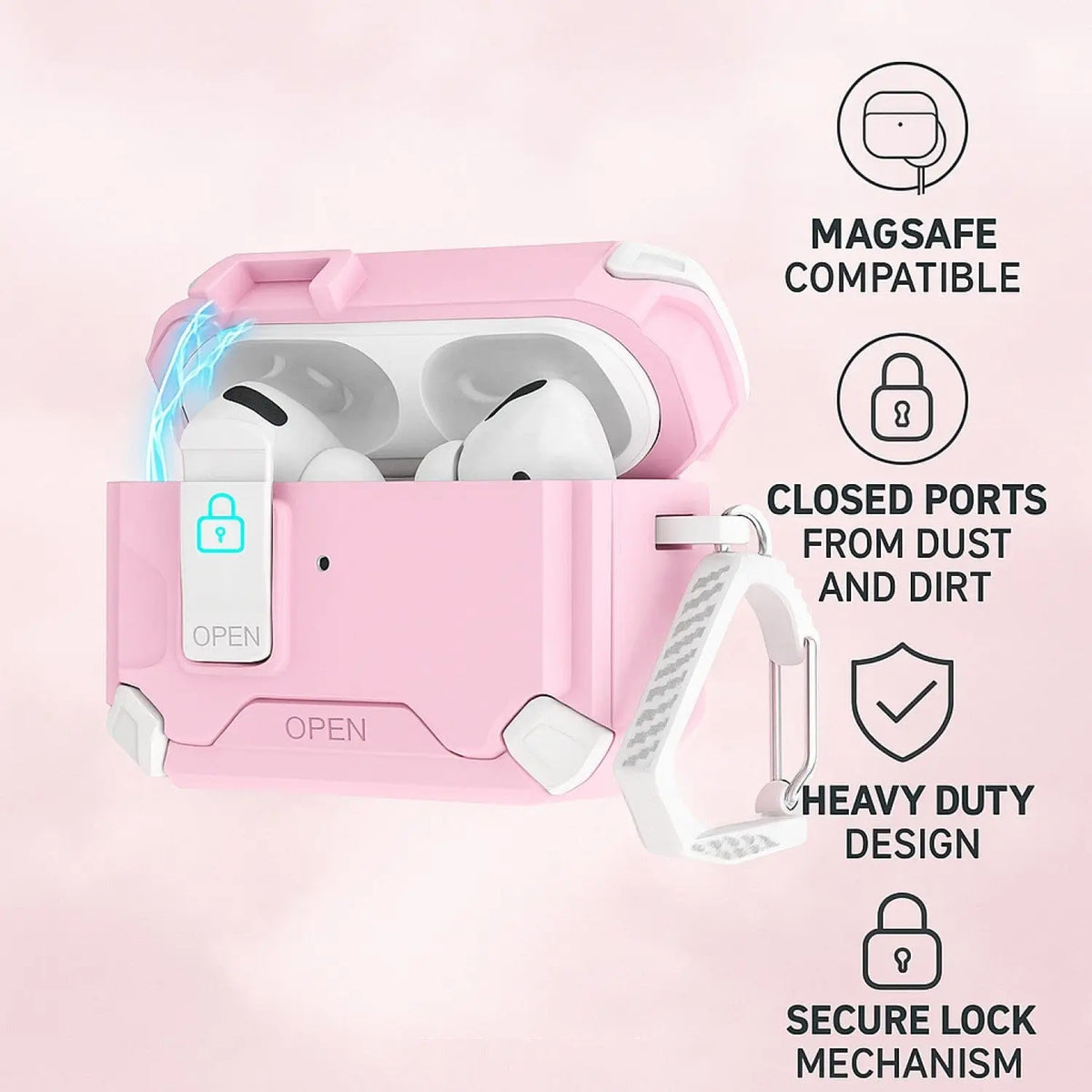 Pink and white heavy-duty protective earbud case with a secure latch lock, textured clip, and MagSafe features.