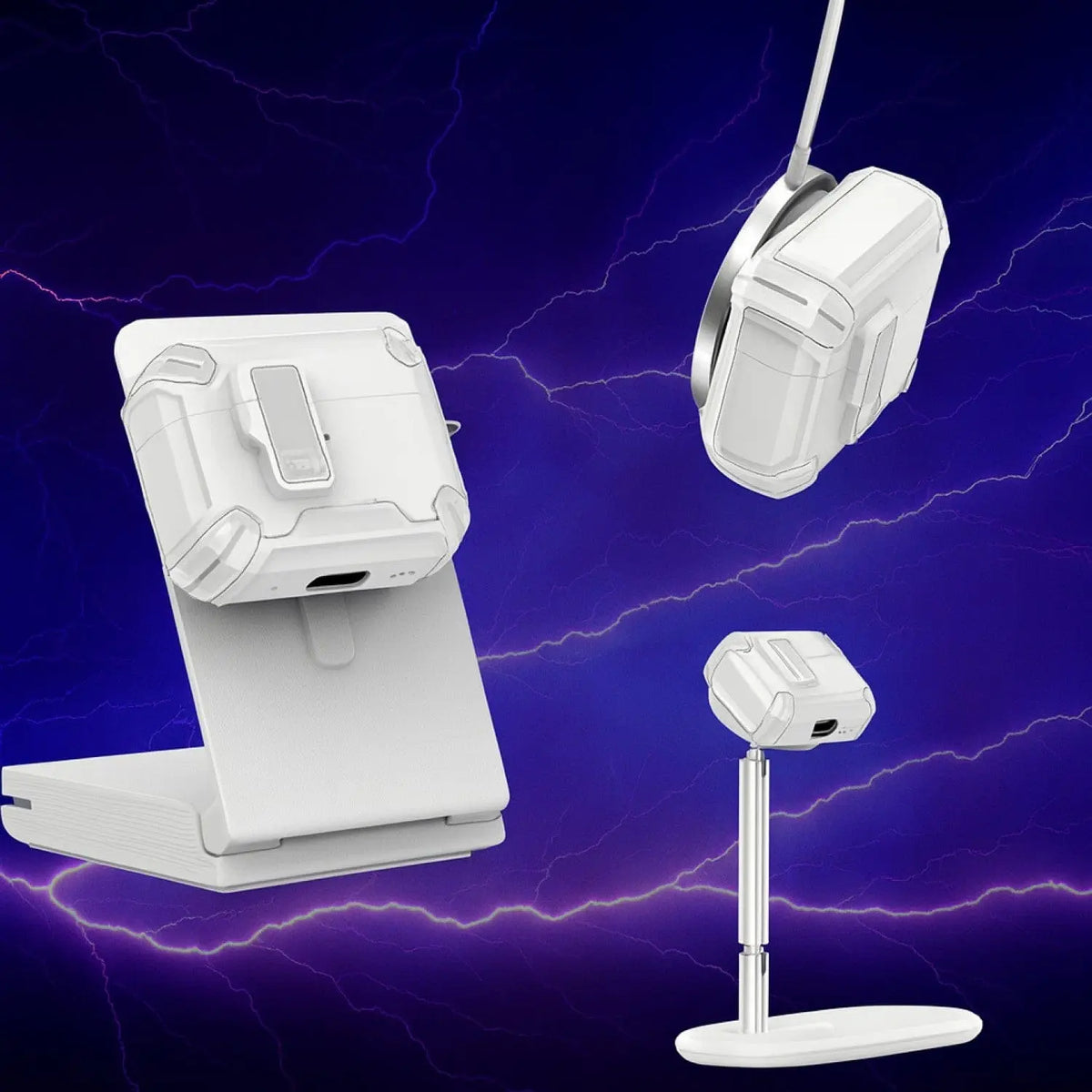 White heavy-duty, secure-lock AirPods Pro case with MagSafe compatibility shown on various charging stands.