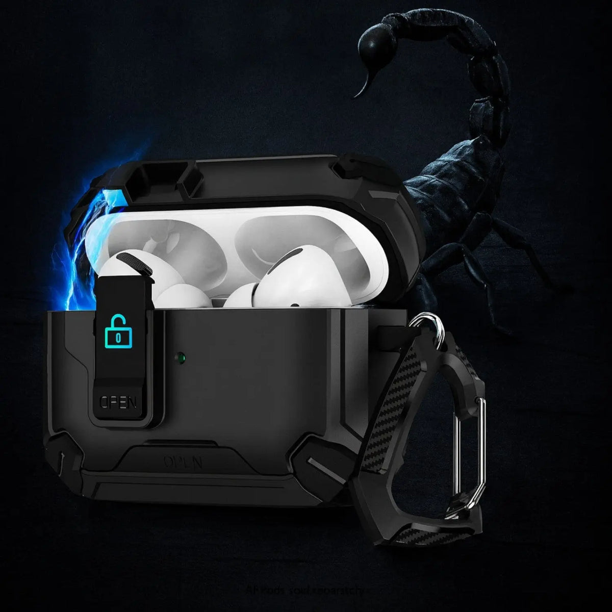 Black, heavy-duty AirPods Pro case with a secure locking latch and a carbon fiber pattern carabiner on dark background.