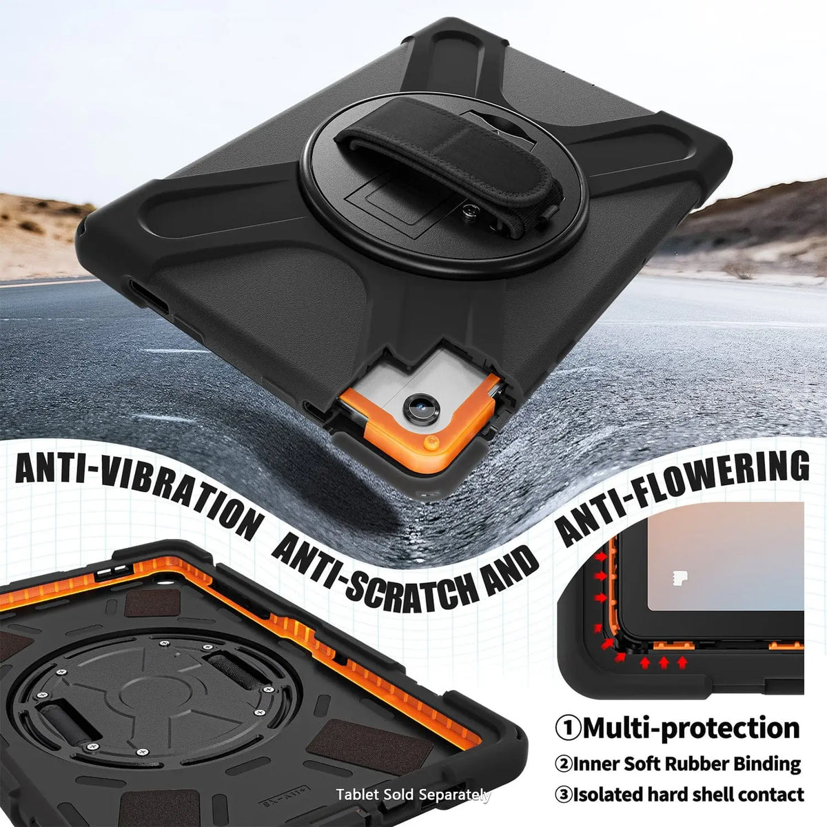 Black heavy-duty tablet case with orange accents, rotating hand strap, and shock-resistant design for Galaxy Tab.