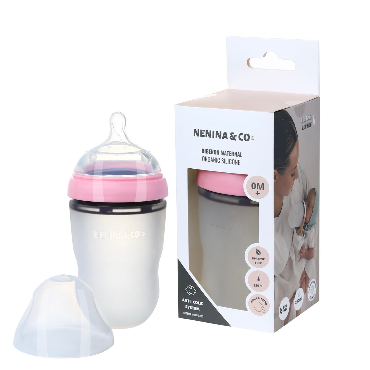 Pack Biberon flujo lento + Chupete Clásico Rosa pálido Nenina & Co