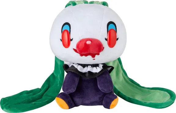 Soft plush of a white bunny clown with green ears, red cheeks, blood-stained mouth, and a black and white collar.