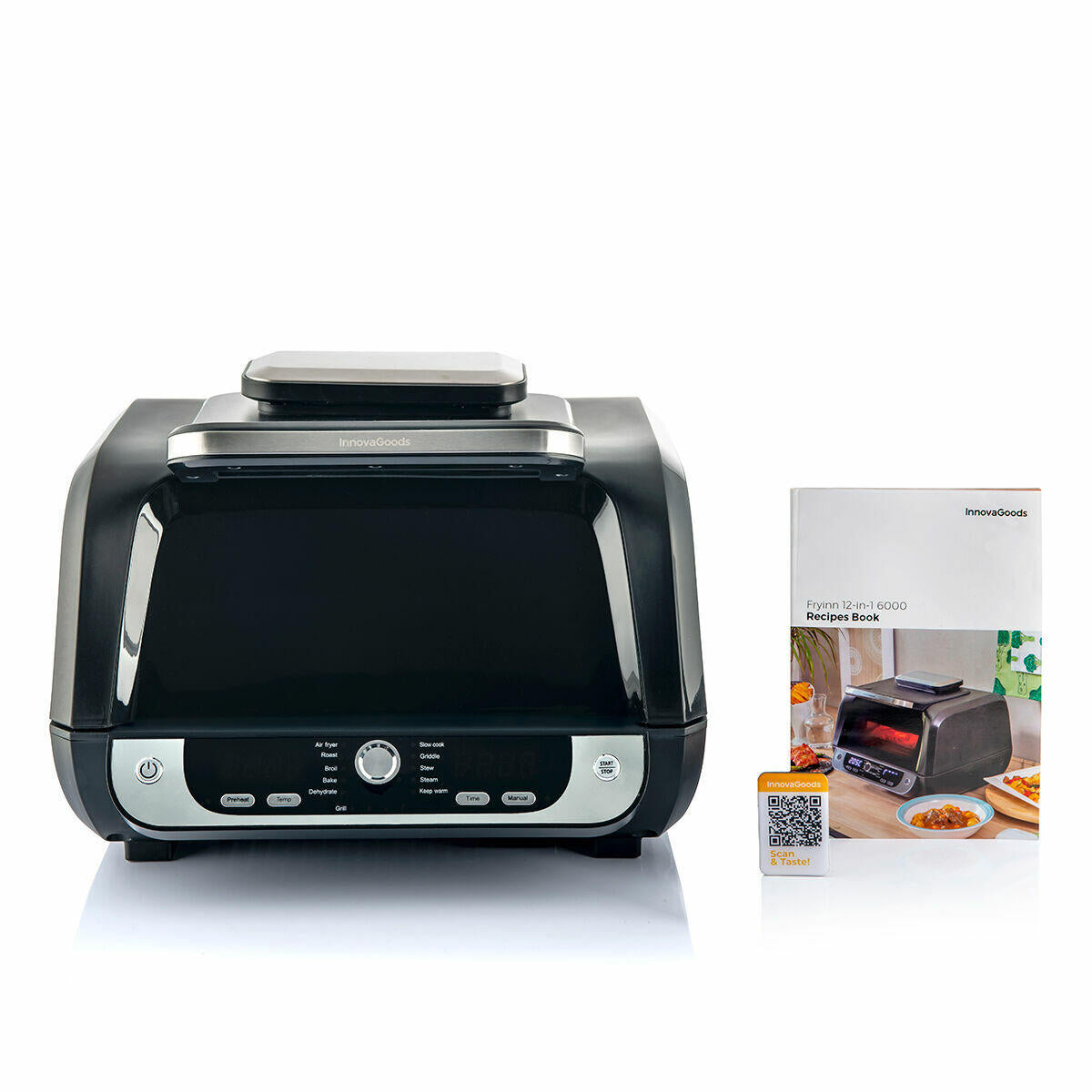 A black countertop air fryer with a digital control panel is shown next to a recipe book displaying images of food and the air fryer.