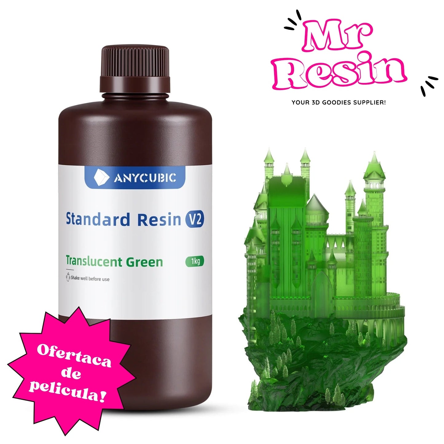 Resina para Impresora 3D Anycubic V2 1Kg - Alta Precisión y Detalle Verde Translúcido V2
