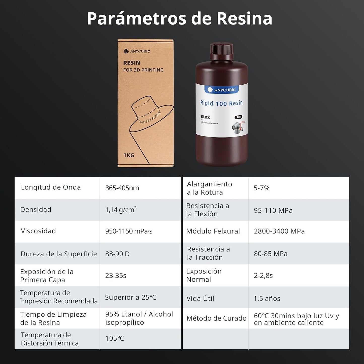Resina rígida 100 para impresora 3D resistente hasta 100°C 1kg