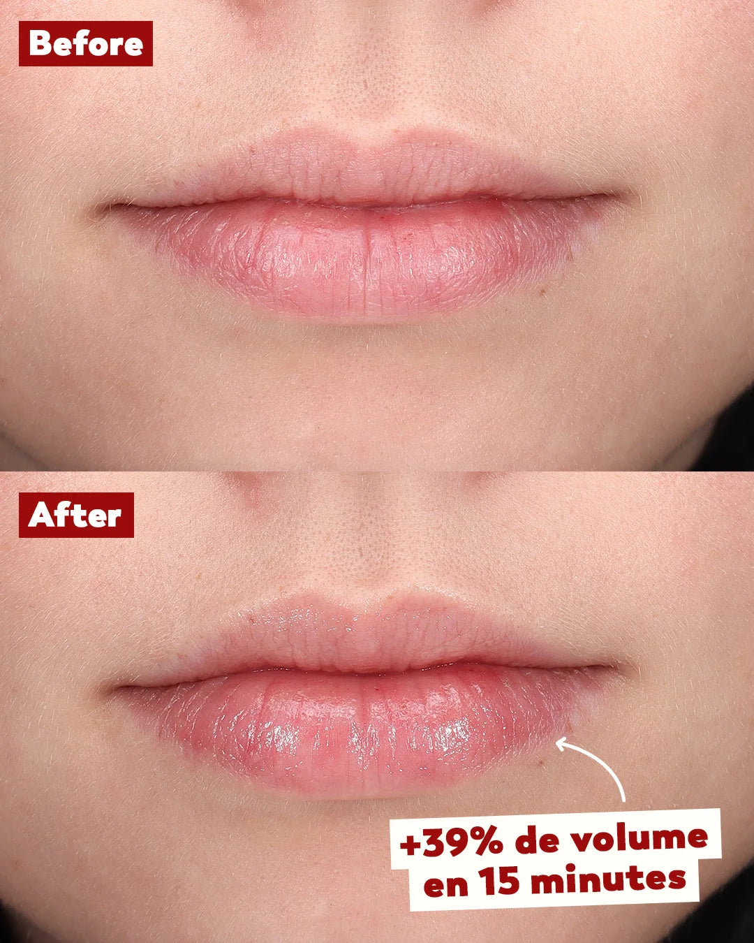 Comparaison avant/après de lèvres : le baume Trew Cosmetic donne un aspect plus brillant, hydraté et visiblement pulpeux.