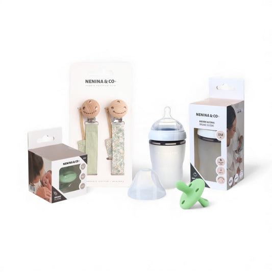 Pack Biberon Blanco flujo lento + Chupete Clásico + 2 Chupeteros de algodon orgánico Nenina & Co