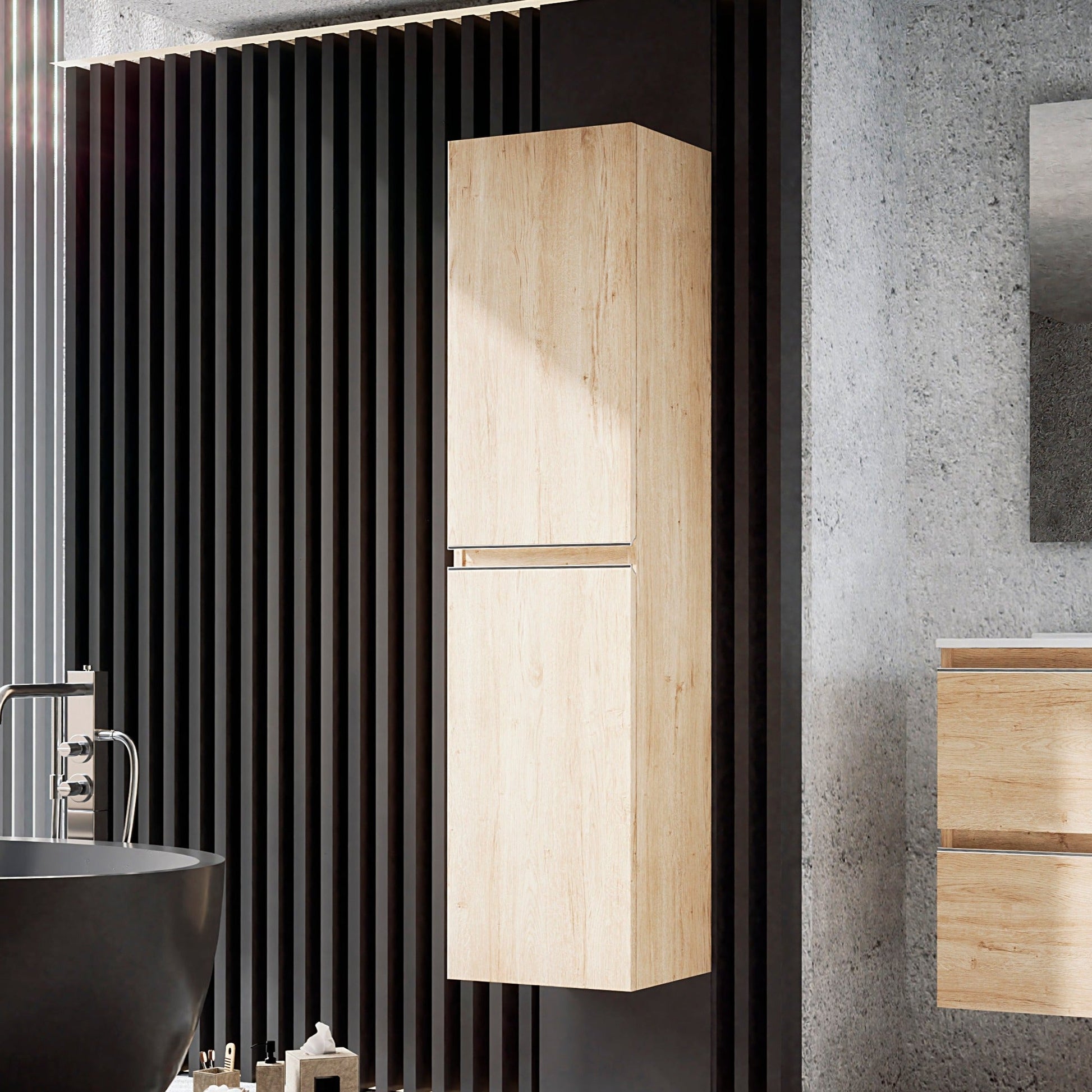 BATHME MADISON Pilar Color Bambú en un baño moderno con diseño elegante y almacenamiento