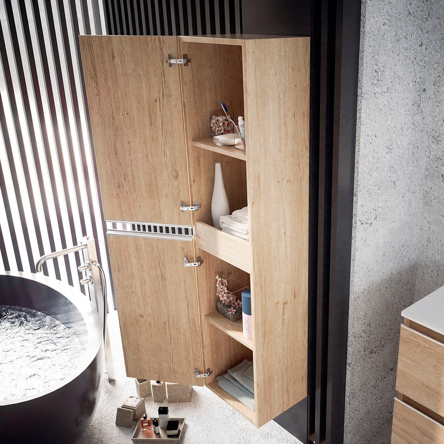 BATHME MADISON Pilar Color Bambú en un baño moderno, con almacenamiento elegante y funcional para productos de aseo.