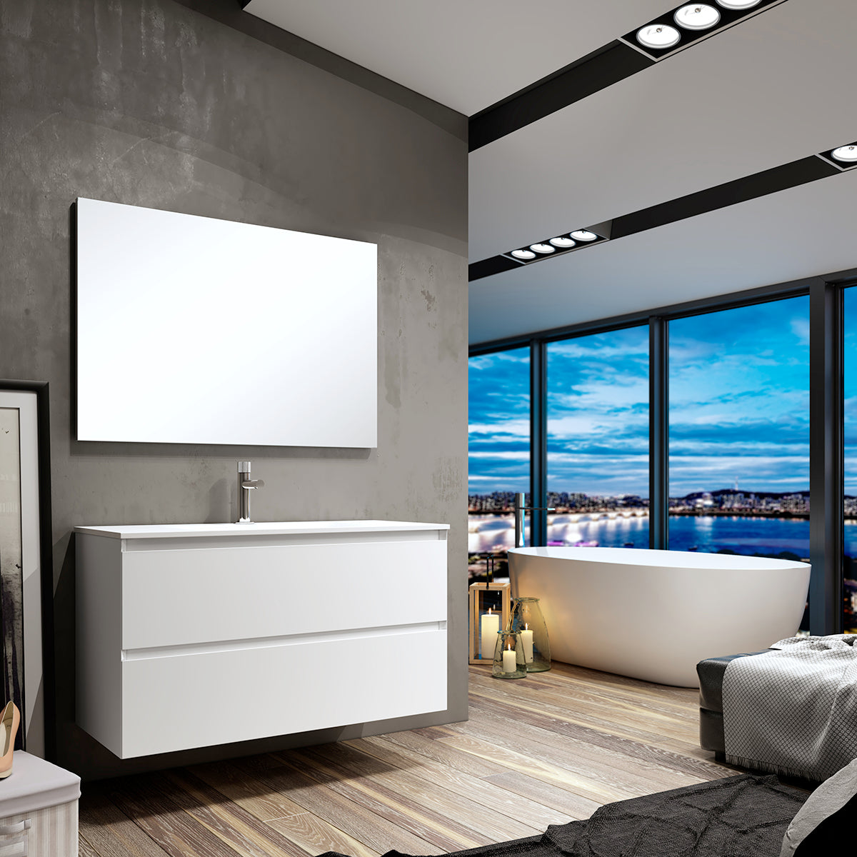 conjunto mueble baño lavabo y espejo Blanco Mate con cajones Hettich