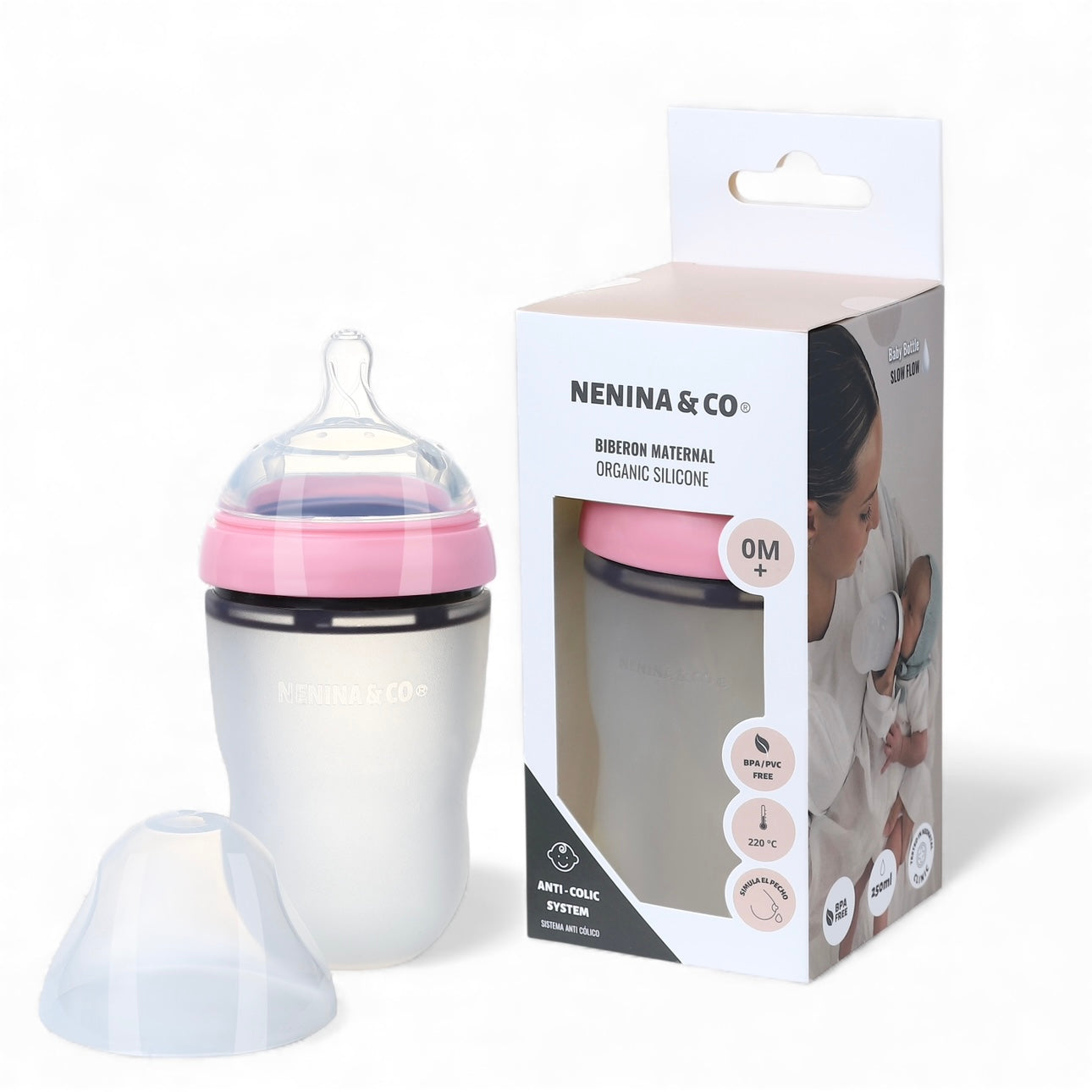 Pack Biberon flujo lento + Chupete Clásico Rosa pálido Nenina & Co