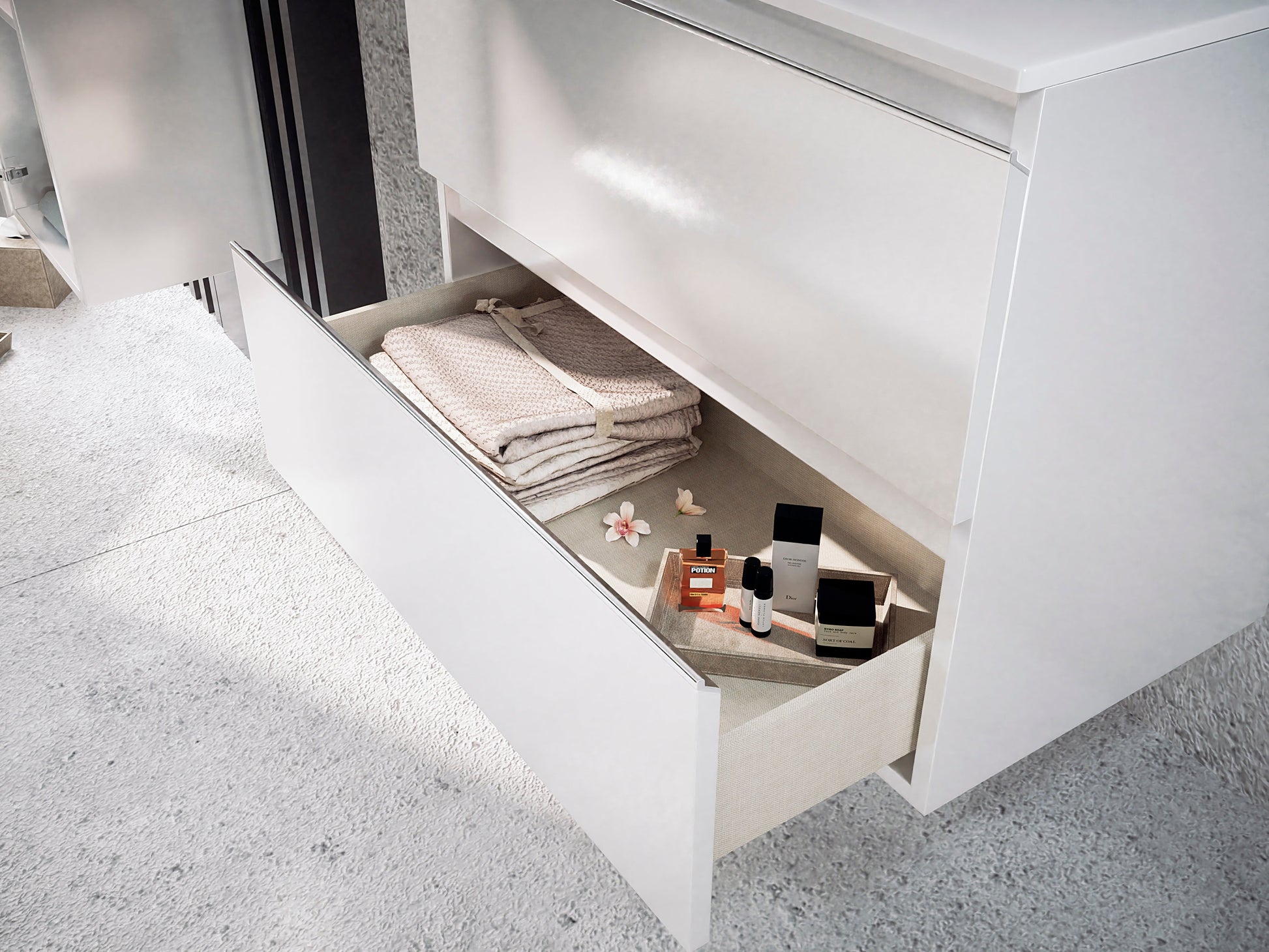 mueble baño sin lavabo moderno con tiradores cromados elegantes